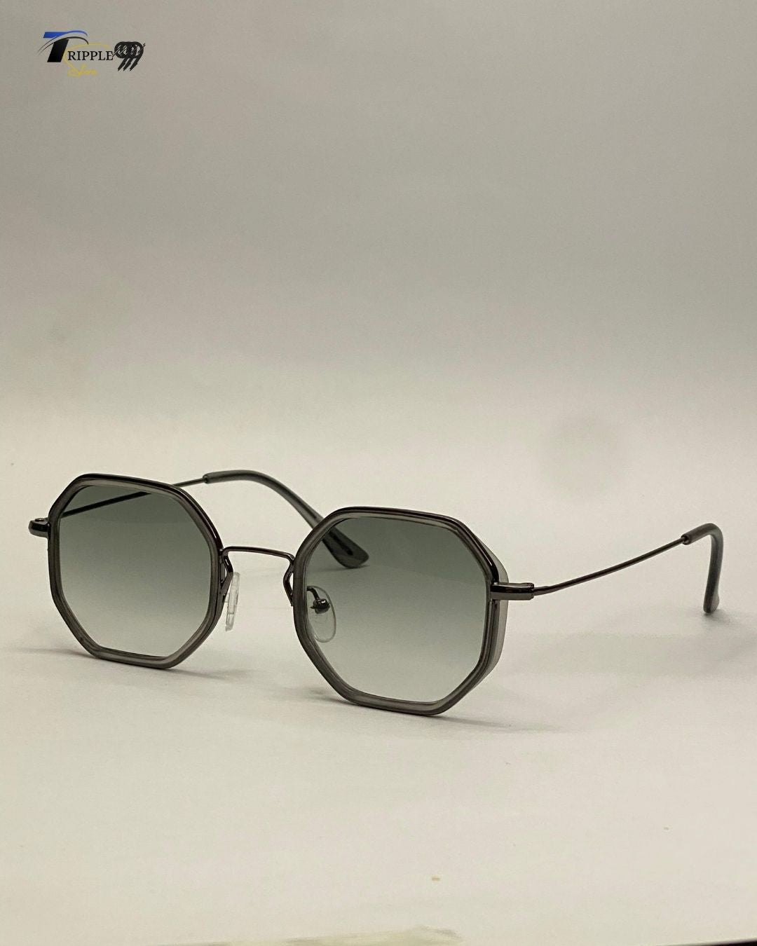 Geometric Octagon Metal Frame Sunglasses - Grey Gradient Lens