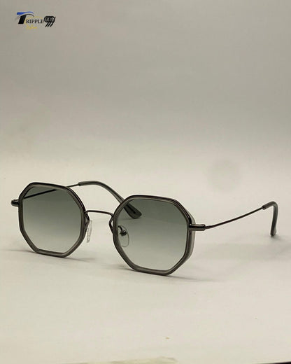 Geometric Octagon Metal Frame Sunglasses - Grey Gradient Lens