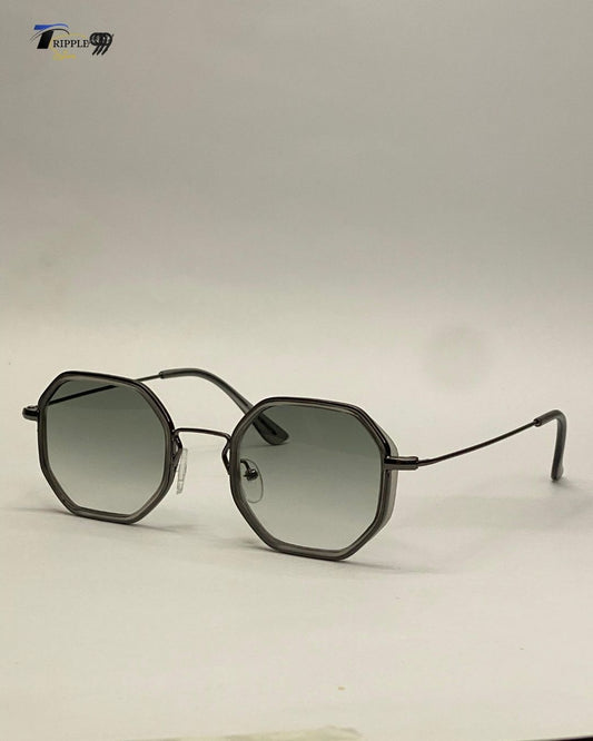 Geometric Octagon Metal Frame Sunglasses - Grey Gradient Lens