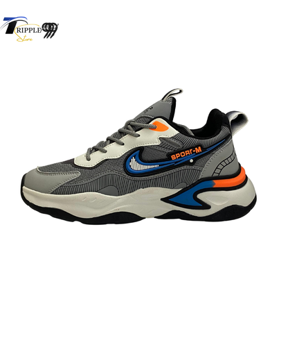 Nike Sport-M Stylish Running Sneakers – Grey, Blue & Orange Chunky Sole Shoes for Men