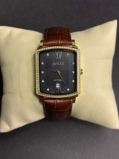 AOLIX Gold Luxury Watch – Brown Leather Strap & Crystal Bezel | Timeless Sophistication Elegance that defines every moment