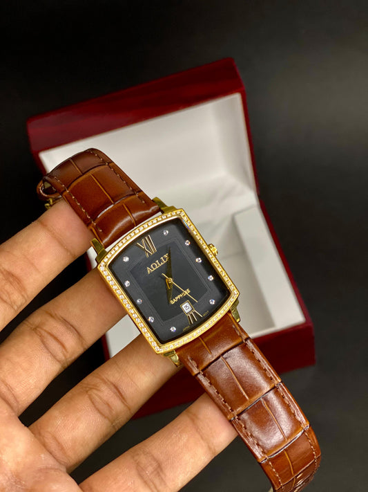 AOLIX Gold Luxury Watch – Brown Leather Strap & Crystal Bezel | Timeless Sophistication Elegance that defines every moment