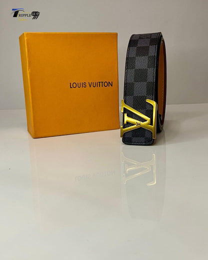 Authentic Louis Vuitton Belt with Box – Classic Damier Pattern & Gold LV Buckle