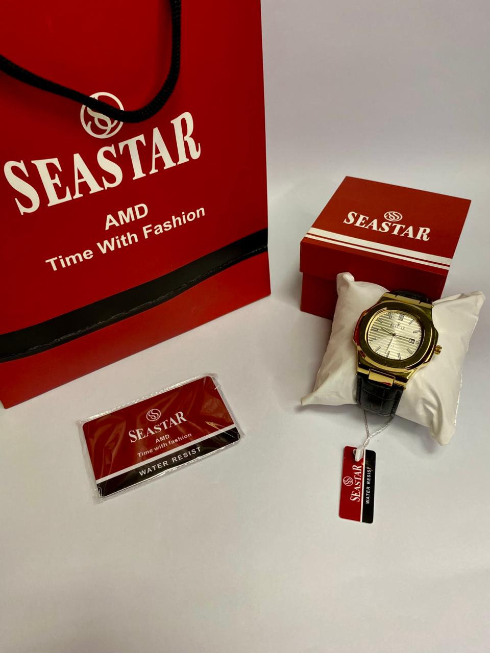 SEASTAR Gold Leather Strap Men’s Watch | Elegant White Dial & Water Resistant Timepiece